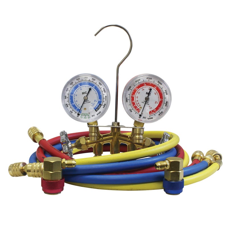 Mastercool 66661 2-Way Brass Manifold Gauge Set with 2 1/2" Silicone-Dampened Gauges, Economy Couplers, and 60" Hoses for R134a - U.S. Assembled & Tested - Image 1